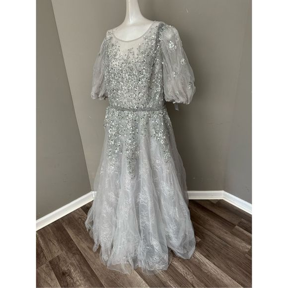 MAC DUGGAL EMBELLISHED PUFF SLEEVE A LINE GOWN - Picture 10 of 11